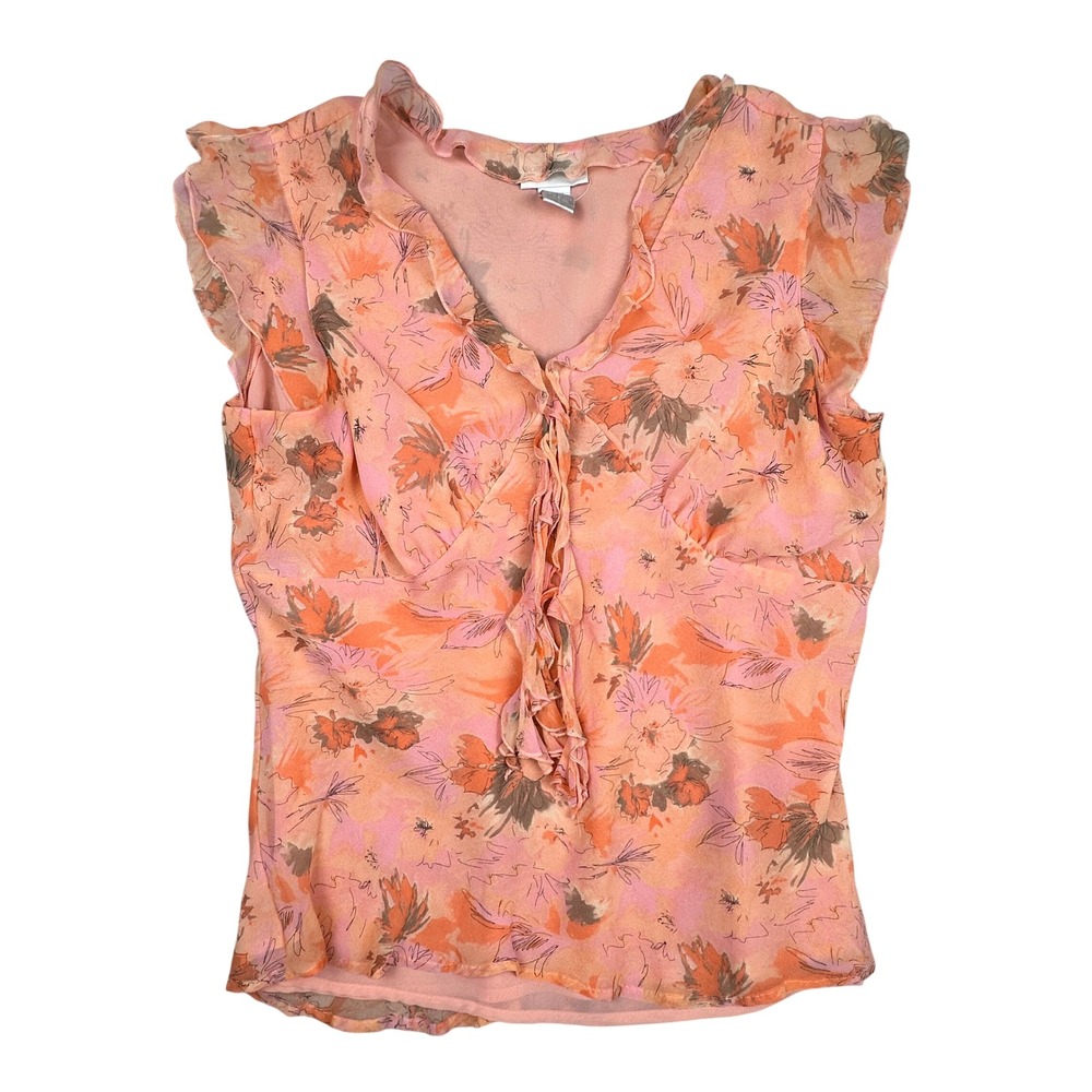 GORGEOUS Worthington Womens 1X Silk Floral Ruffle Blouse Orange Pink Cap Sleeve